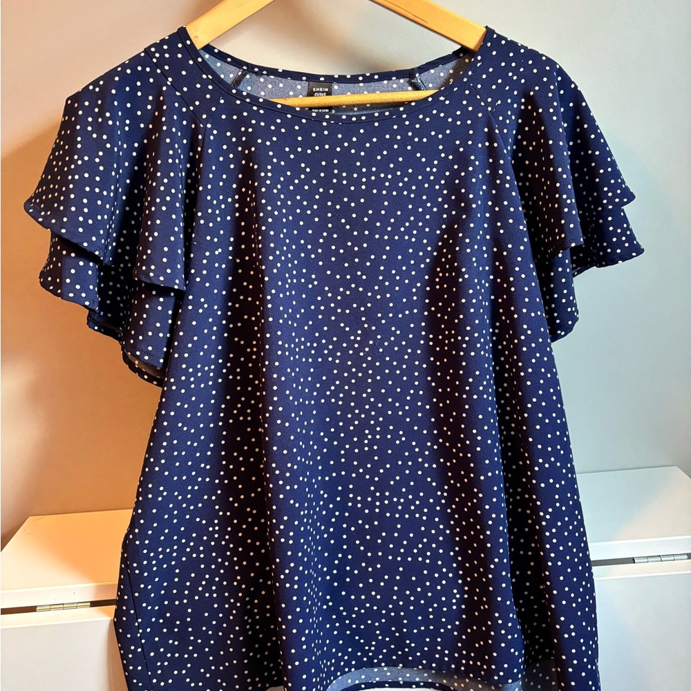 SHEIN Blue and White Flutter Sleeve Ruffled Blouse
